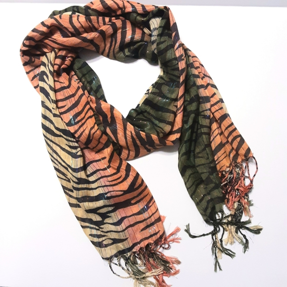 Tri-colored Tiger Striped Fashion Scarf, Green Orange Gold Fringed